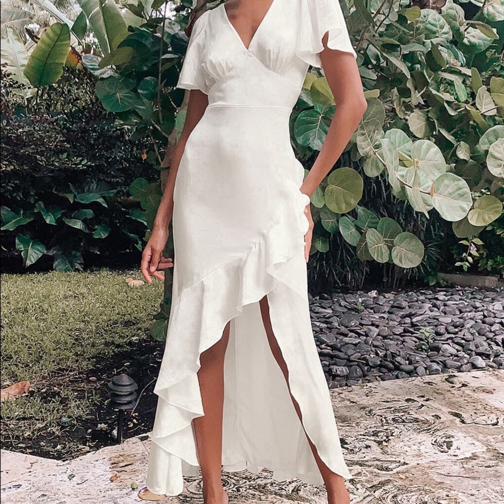White Satin Ruffled Flutter Sleeve Maxi Dress